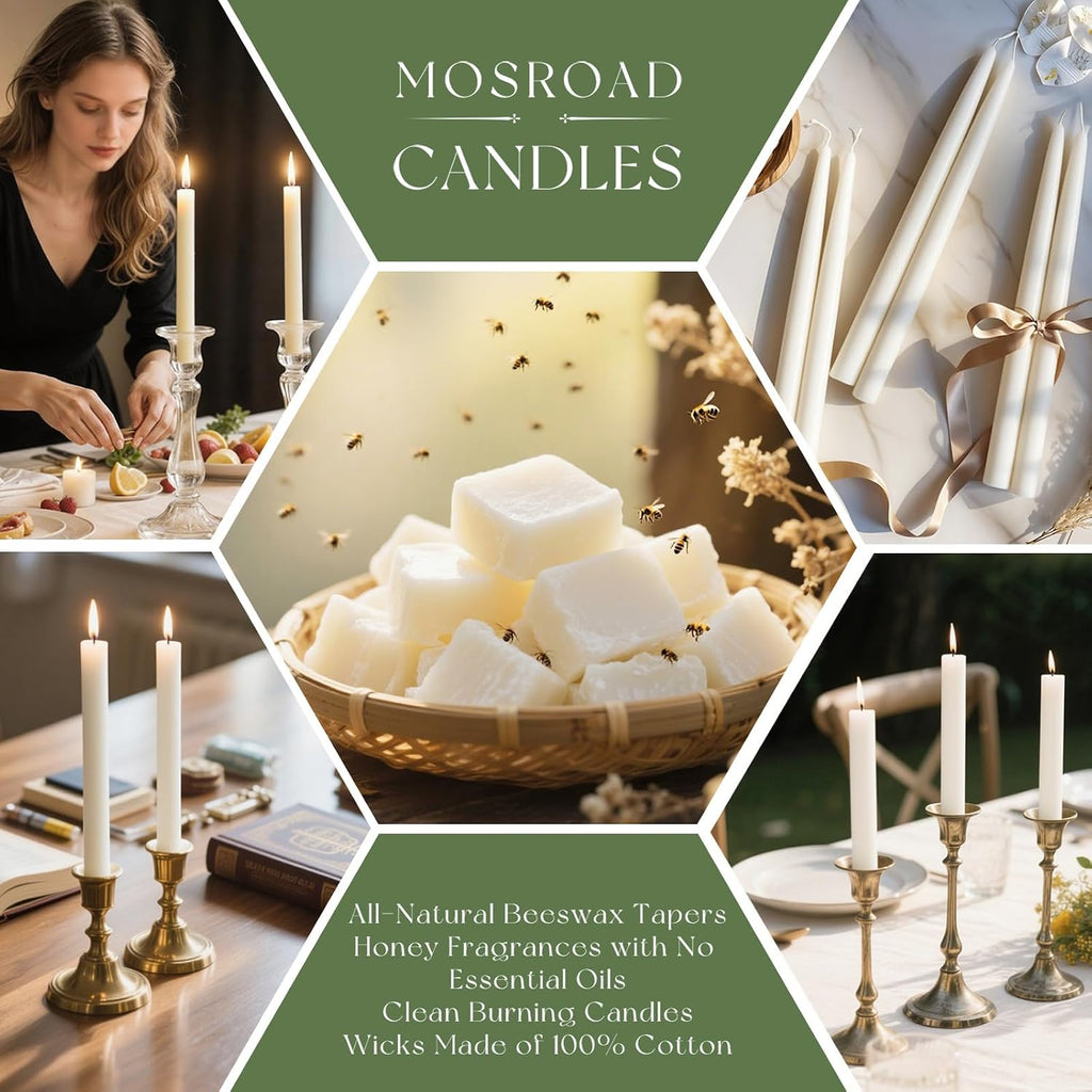 Beeswax Taper Candles White, 9 Inch Natural Beeswax Long Candle Sticks, 10 Hours Burn Time, Smokeless & Dripless Tall Taper Candle for Table Decor, Unscented Bee Wax Tapered Candles (8 Packs)