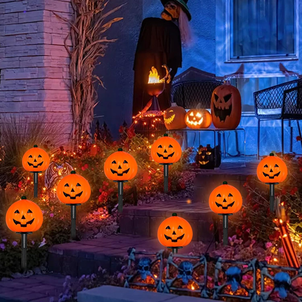 2 Sets 7Ft Halloween Decorations Pathway Lights Outdoor Pumpkin Stake Lights ...