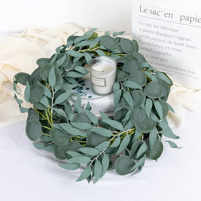 Kisflower 5 Pack 6.56FT Green Eucalyptus Garland for Decoration Table with Willow Leaves Greenery Garland Fake Hanging Plants Vines for Wedding Arch Decor Party Room Home Garden Office Wall Decor