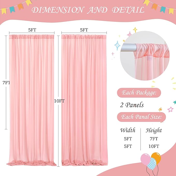 Wish Care 10ft x 10ft Baby Pink Chiffon Backdrop Curtain with Lights String for Parites Wedding Wrinkle Free Curtain Photo Backdrops Drapes for Baby Shower Birthday Party Home Decorations