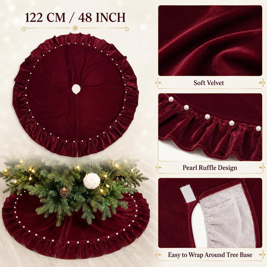 WineRed Velvet Christmas Tree Skirt with Ruffled Edge and Faux Pearl, 60 Inches Rustic Vintage Xmas Tree Skirt for Party Decorations