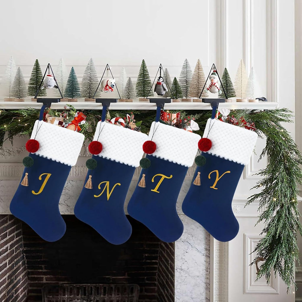 19.5" Personalized Velvet Christmas Stocking with Embroidered Initials- Fireplace Stockings, Family Holiday Xmas Party Decor (Blue S)