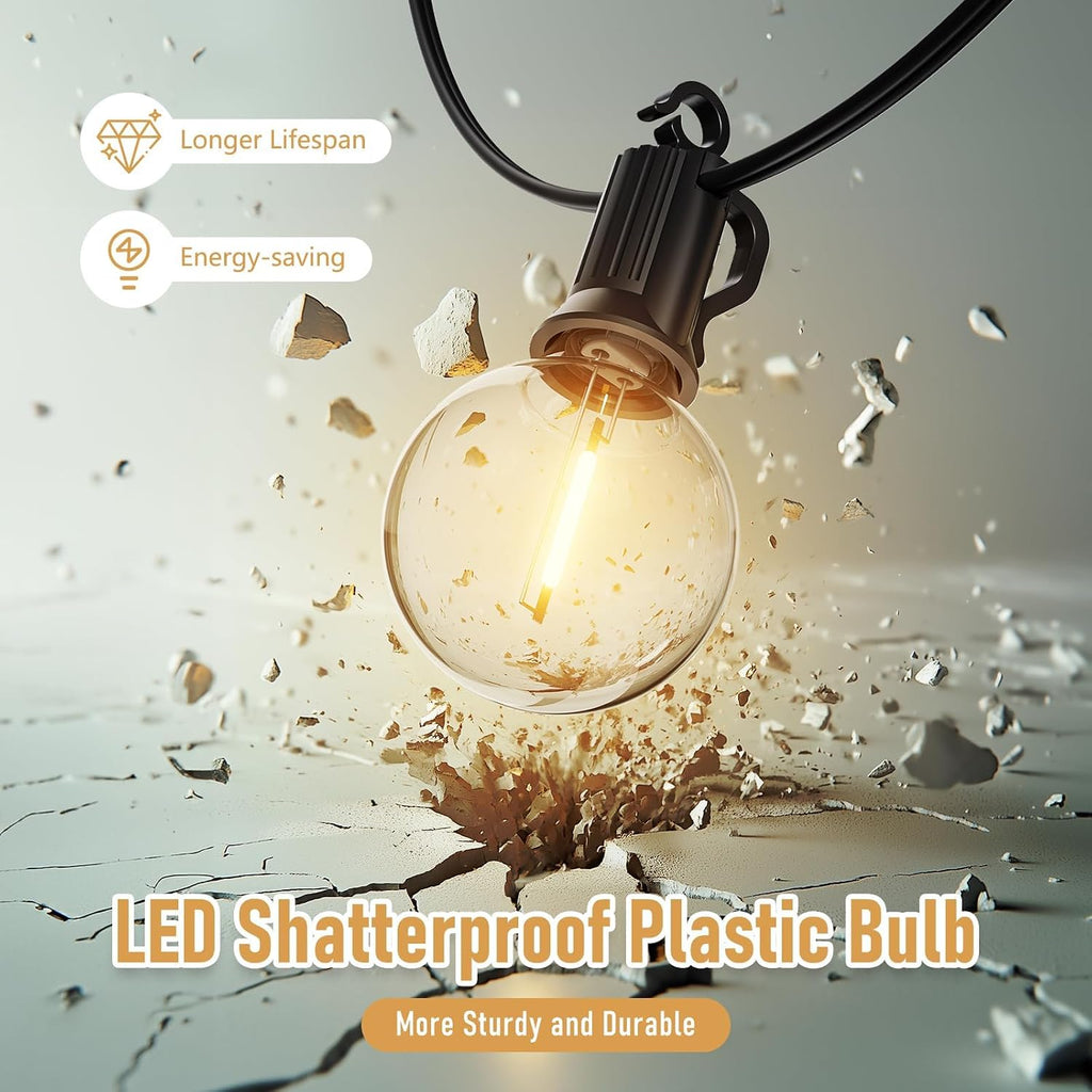 Brightown Outdoor String Lights Hanging Globe Patio Lights with 50 G40 Shatterproof Bulbs(2 Spare), IP44 Waterproof Connectable Commercial 50 Hanging Light for Indoor Outdoor Decor