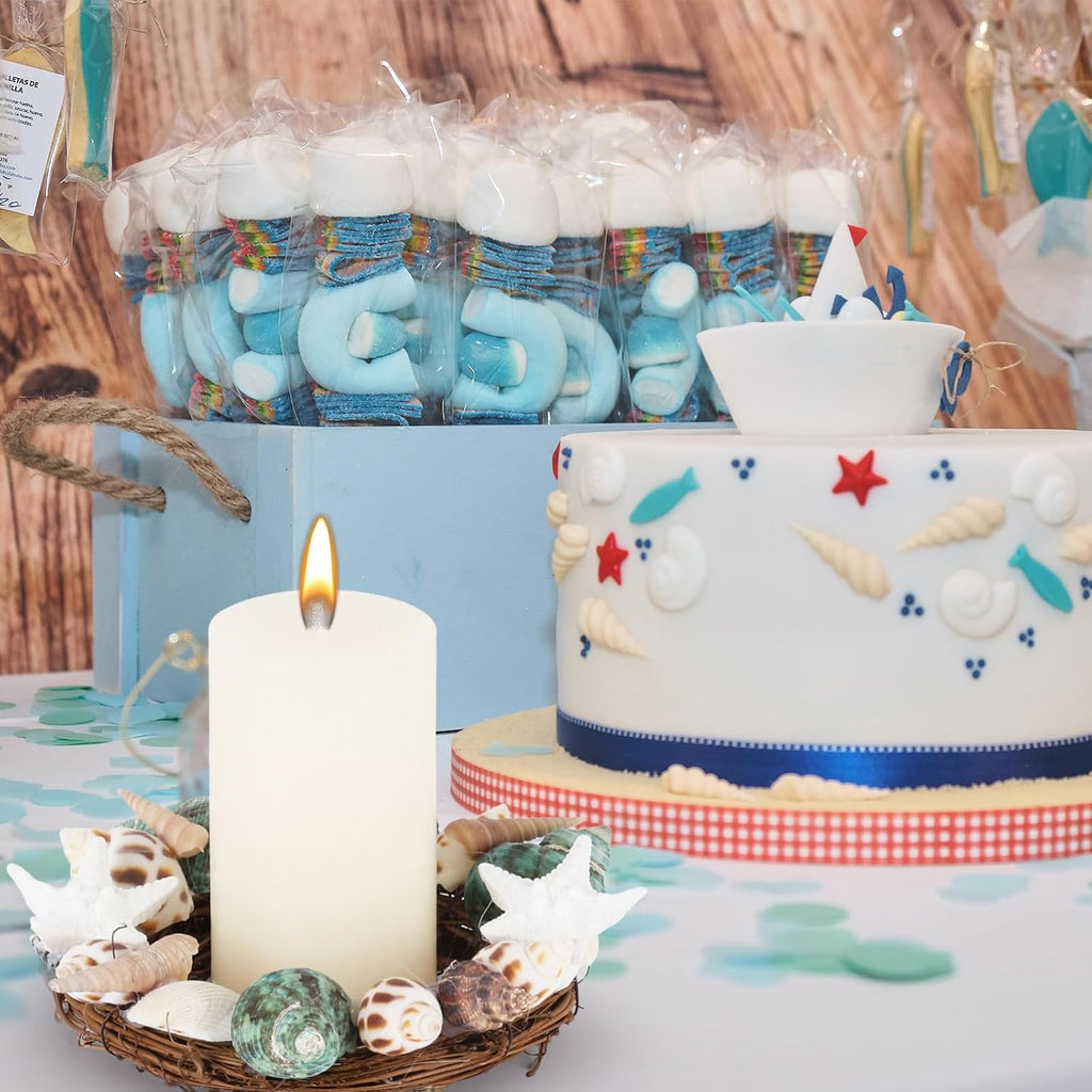 6 Pcs Summer Seashell Mini Starfish Wreath with Ribbon Beach Pillar Candle Holder Natural Shell Hanging Wreath for Front Door Ocean Cruise Wedding Parade Window Fireplace