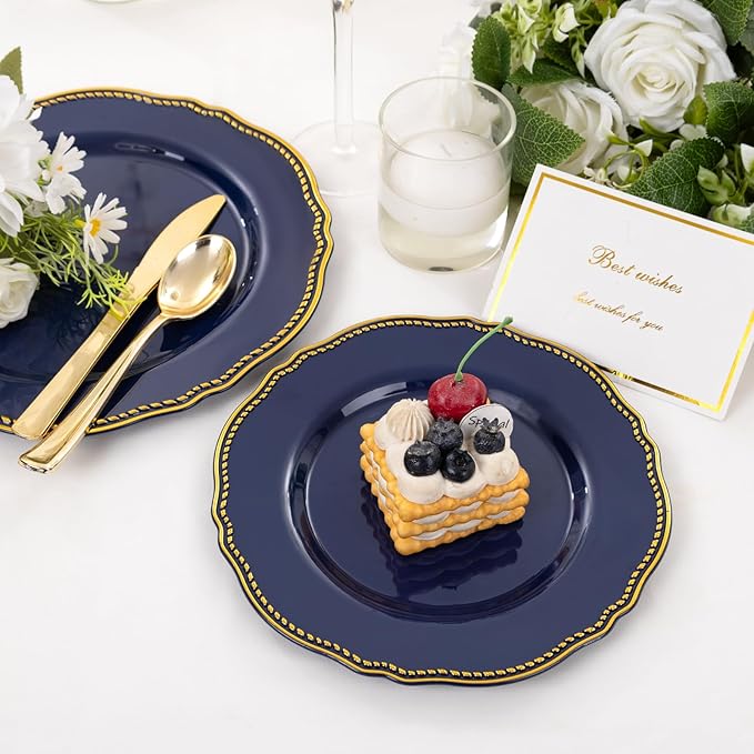 Hioasis 60pcs Blue Plastic Plates - Blue and Gold Disposable Dinnerware with Gold Rim, Heavy-duty, 10.25 inch, Dinner Plates for Party & Wedding