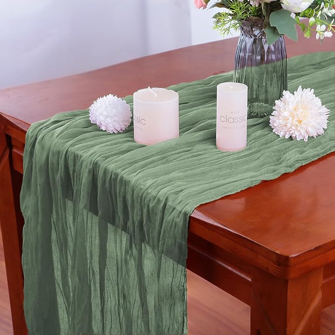 4 Pack Sage Green Cheesecloth Table Runner 35x120 Inch Boho Gauze Fabric Cheese Cloth Table Runner 10Ft Rustic Romantic Sheer Table Runners for Wedding Party Bridal Baby Shower Long Table Decoration