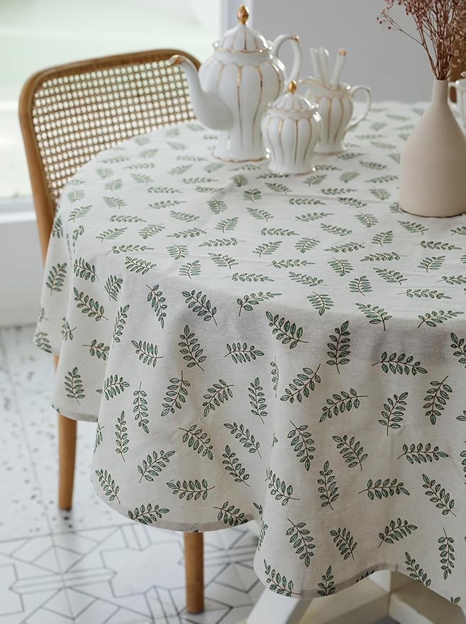 Pastoral Round Tablecloth - 60 Inch Dia. - Beige Linen Table Cloth - Washable Table Cover with Dust-Proof Wrinkle Resistant for Restaurant, Picnic, Bistro, Indoor and Outdoor Dining, Green Leaf