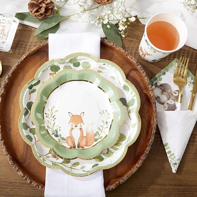 Kate Aspen Woodland Baby Shower Decorations, 62-Piece Disposable Paper Plates & Napkins Party Supplies for 16 Guests - Woodlands Animals Theme for Baby Boy Shower Table Decorations, Gender Reveal