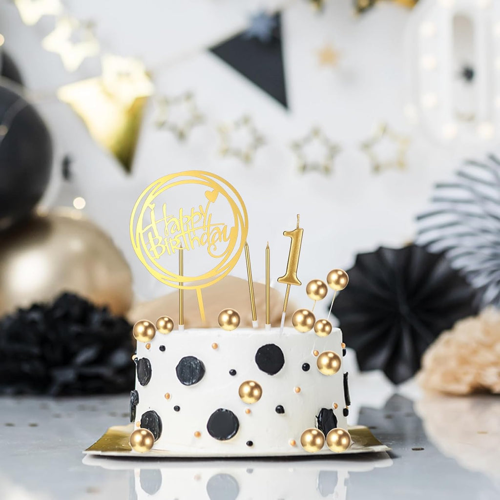 Yerliker 34 Pcs Happy Birthday Cake Toppers Decorations Birthday Candles DIY Cake Decor for Men Women Wedding Anniversary(Gold)