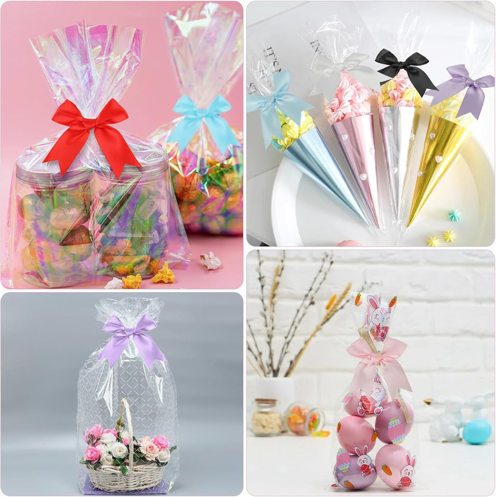 Twist Tie Bows, Satin Ribbon Bows - 3 Inches, 50-Pack for Treat Bags Gift Wrapping Basket Crafts Wedding Baby Shower Brithday Christmas Party Decorations (Black)