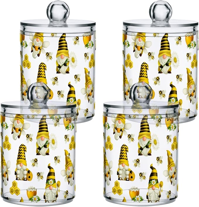 Qtip Holder Dispenser 2 Pack Gnome Bees Flying Dwarf Daisy Apothecary Jars with Lids Bathroom Vanity Countertop Canister Storage Organizer for Cotton Ball,Swabs,Pads,Floss