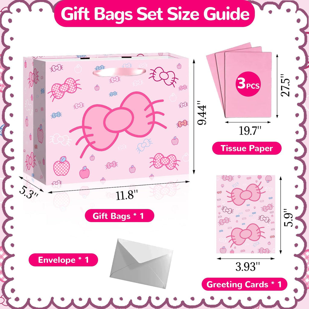 Cut-Nic 12" Pink Bow Gift Bag for Girl, Cartoon Birthday Gift Bag with Cute Greeting Card and Tissue Paper for Birthday, Wedding, Bridal Shower, Baby Shower Party Supplies