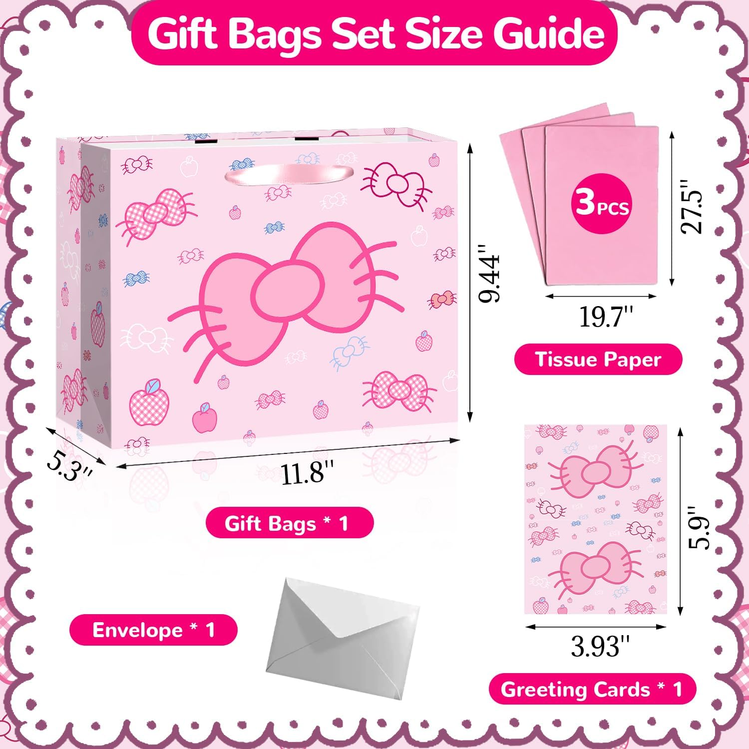Cut-Nic 12" Pink Bow Gift Bag for Girl, Cartoon Birthday Gift Bag with Cute Greeting Card and Tissue Paper for Birthday, Wedding, Bridal Shower, Baby Shower Party Supplies
