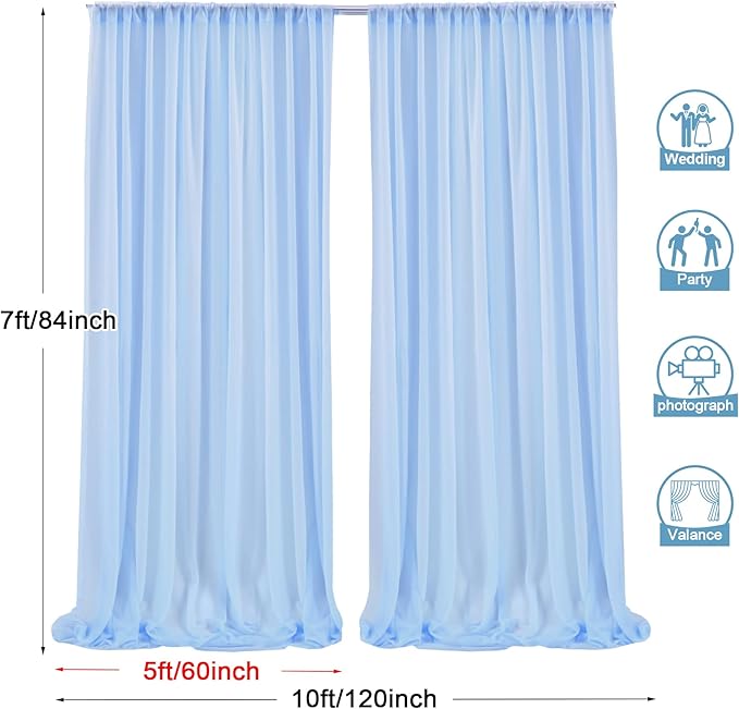PARTISKY 10ftx7ft Blue Chiffon Backdrop Curtains, Wrinkle-Free Sheer Fabric Photo Drapes for Wedding Ceremony Arch Birthday Baby Shower Photography Stage Decor 5ft x 7ft, 2 Panel
