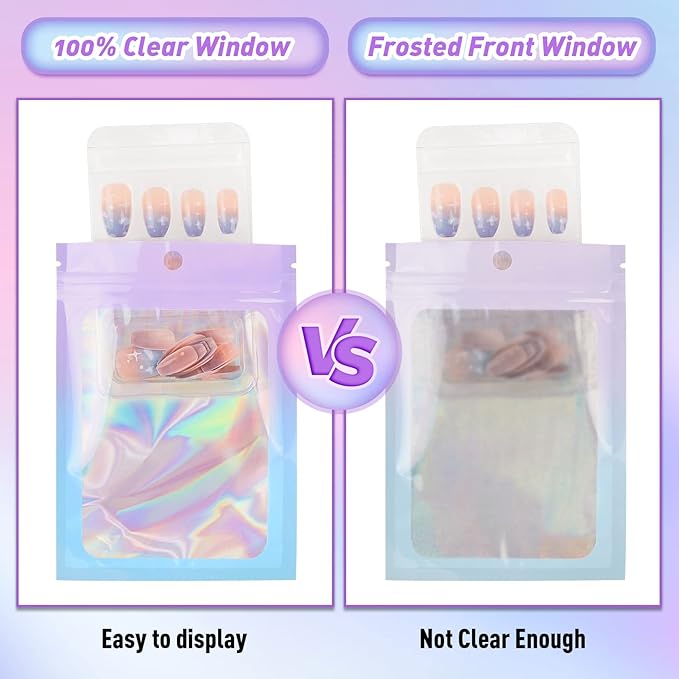 Funfery 100 Pack Gradient Holographic Bags,Mylar Resealable Bags with Zipper,Clear Window Packaging Pouch,Smell Proof Bag for Food Storage,Sample Jewelry Baggies(3.5×4.7in,Purple Blue)
