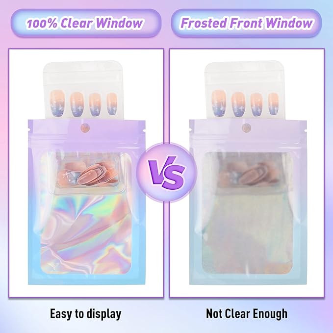 Funfery 100 Pack Mylar Holographic Bags,Clear Window Smell Proof Foil Bag Seal Pouch Resealable Bags with Zipper,Packaging Bag for Food Storage,Jewelry,Business Supplie(3.1×5.1in,Purple Blue)