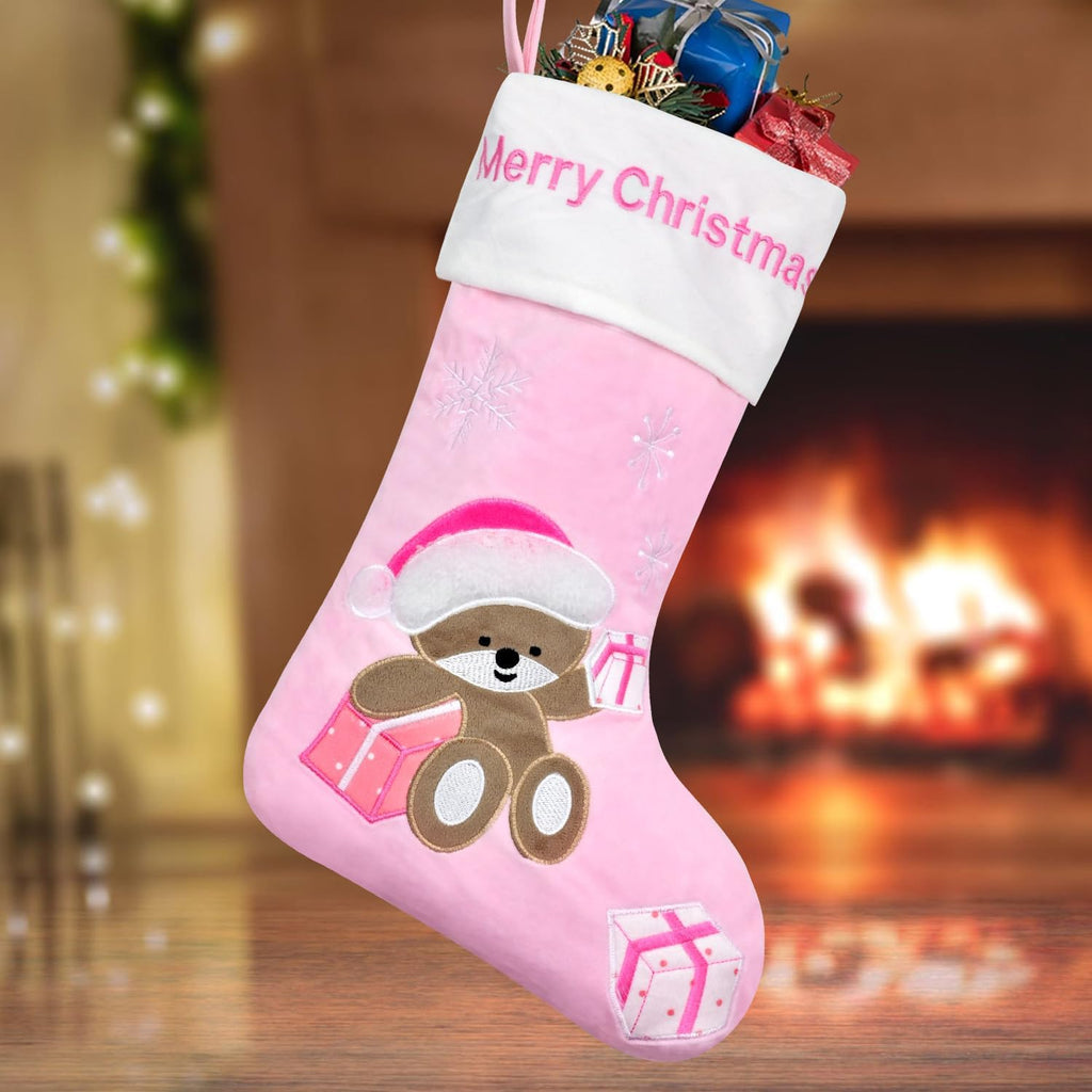 Christmas Stocking Baby First Christmas Stockings 20 Inch Pink Blue Kids Christmas Stockings with Bear Embroidered Children Christmas Stocking with Gift Box for Boys Girls Large Xmas Stocking