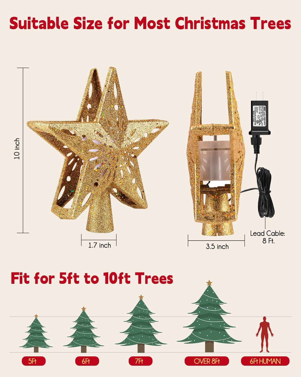 Brightown Christmas Star Tree Topper with Snowflake Projector Lights | Hollowed Pentagram Tree Topper,Plug in Christmas Tree Ornament for Indoor Office Xmas New Year Holiday Tree Decoration