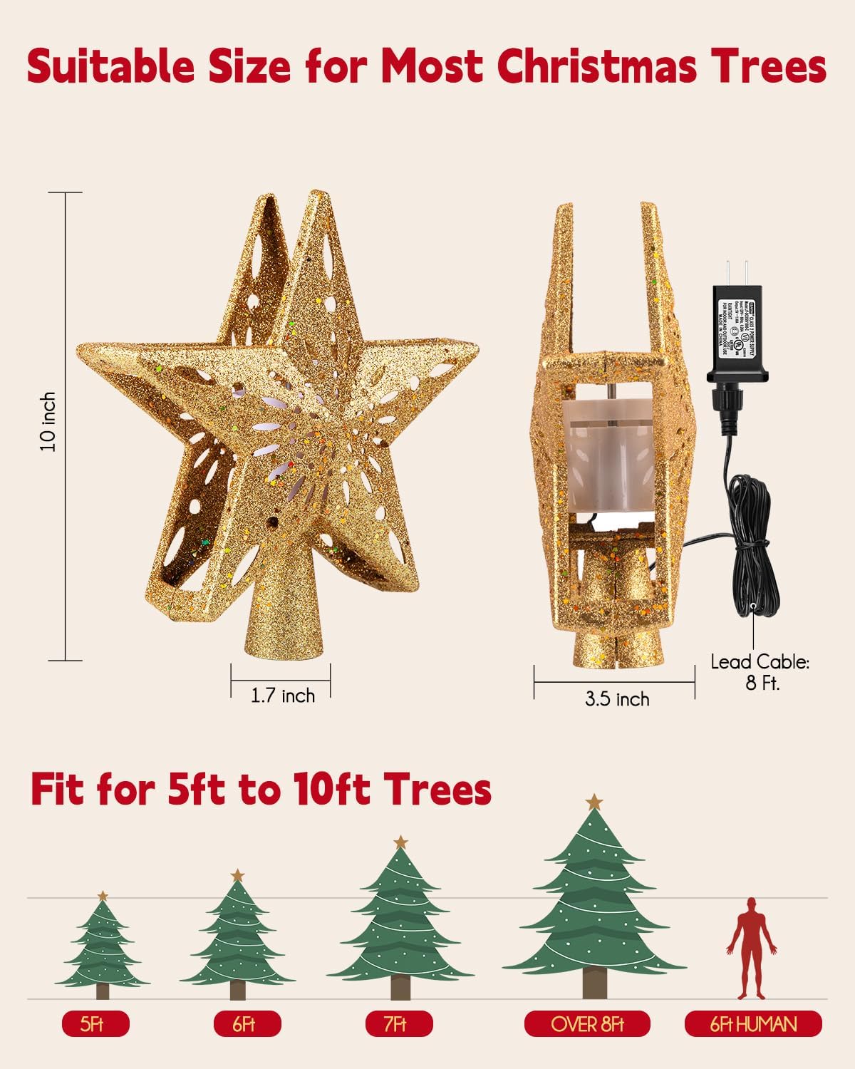 Brightown Christmas Star Tree Topper with Snowflake Projector Lights | Hollowed Pentagram Tree Topper,Plug in Christmas Tree Ornament for Indoor Office Xmas New Year Holiday Tree Decoration