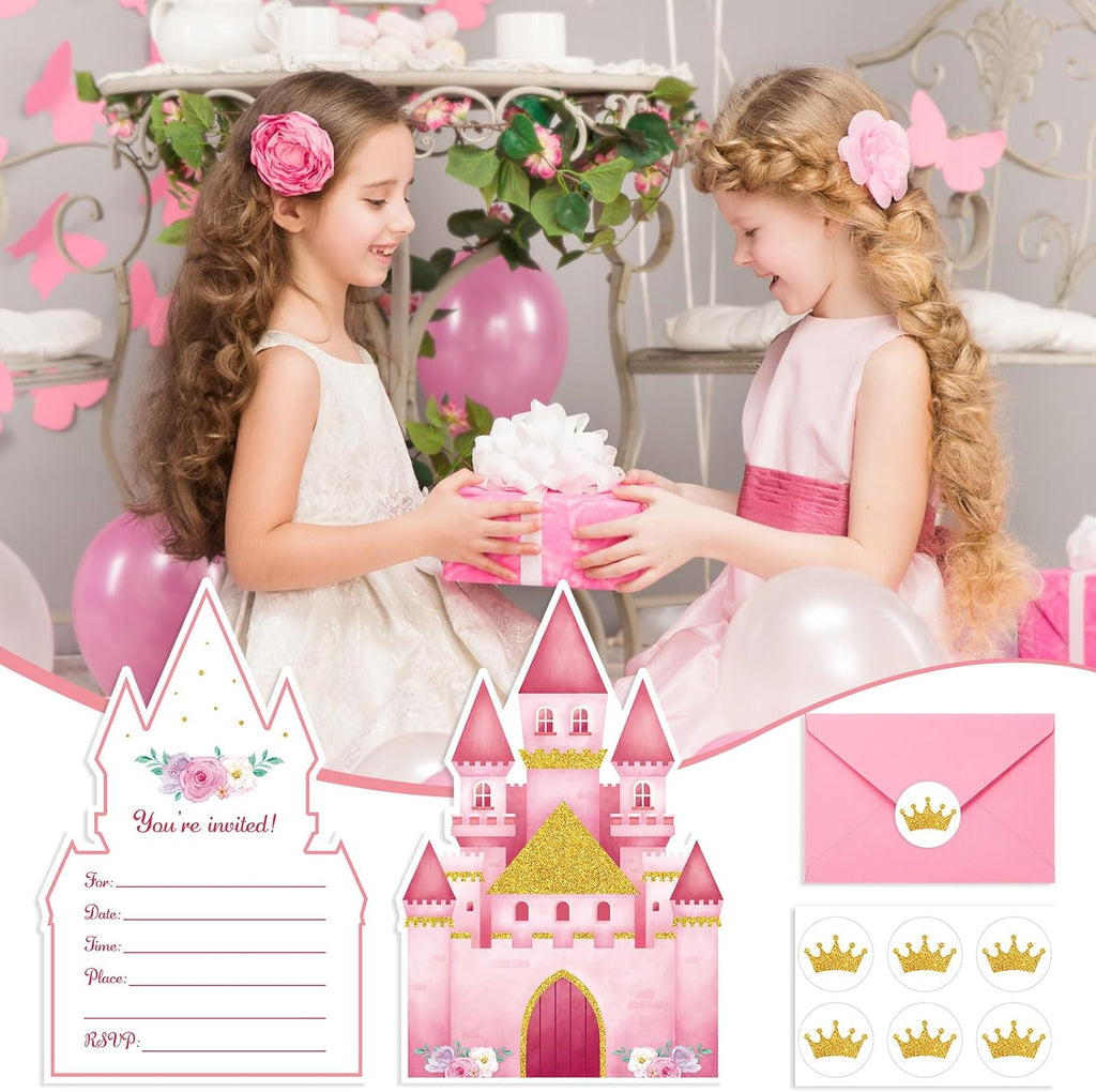 30 Sets Pink Castles Birthday Invitations with Envelopes Stickers Themed Invitations for Girl Boy Birthday Party Supplies Decoration