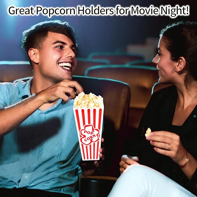 Plastic Popcorn Containers Red & White Striped Retro Style Reusable Popcorn Boxes for Movie Night 4”x8” - 6 Pack