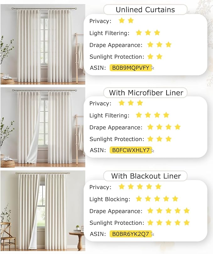 Vision Home Natural Pinch Pleated Semi Sheer Curtains Textured Linen Blended Light Filtering Window Curtains 90 inch for Living Room Bedroom Pinch Pleat Drapes with Hooks 2 Panels 42" Wx90 L