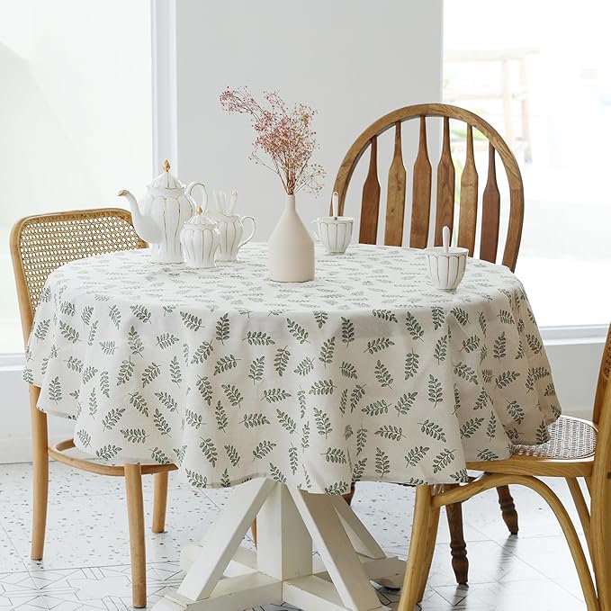 Pastoral Round Tablecloth - 60 Inch Dia. - Beige Linen Table Cloth - Washable Table Cover with Dust-Proof Wrinkle Resistant for Restaurant, Picnic, Bistro, Indoor and Outdoor Dining, Green Leaf