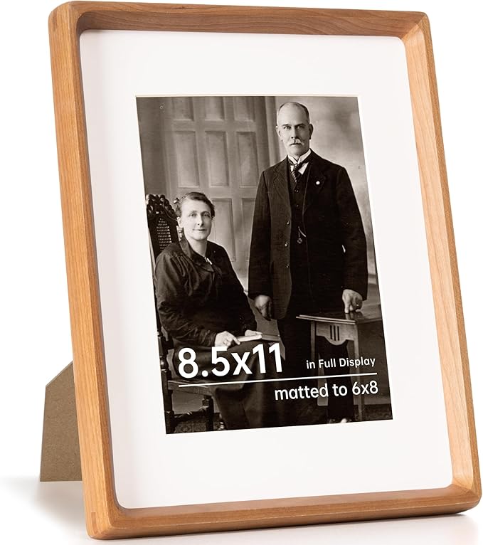 8.5x11 Picture Frame USA-Sourced Natural Cherry Wood Solid Original Wood Photo Frame Rounded Corner with Mat to 6x8 Picture Display with Real Glass Family Picture, Wedding Picture, Photo, Certificate
