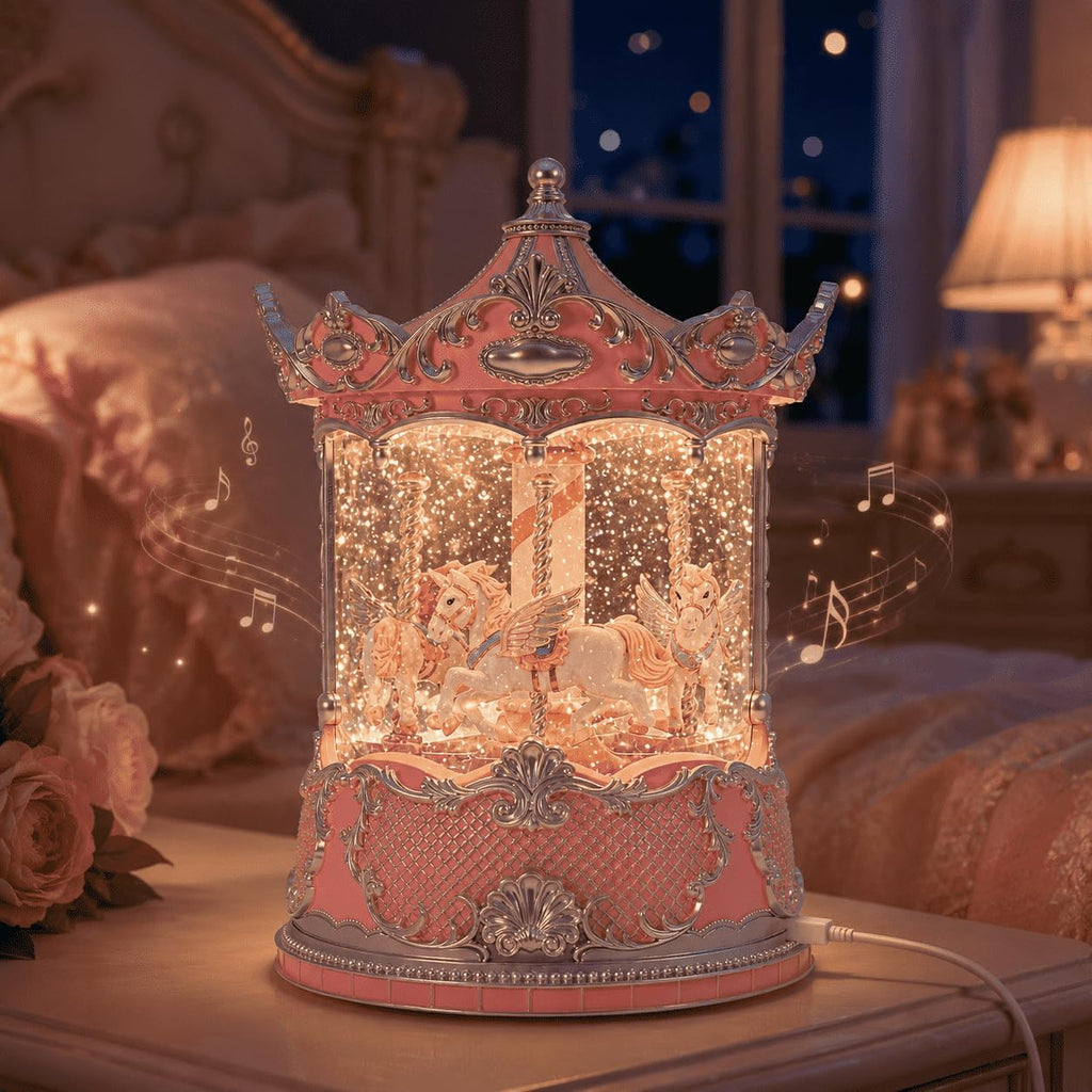 Pink Carousel Horse Snow Globe Music Box with Rotating Horses, Lighted Musical Carousel with 10 Melodies, Glitter, 6 Hours Timer, Gifts for Mom Women Girls Daughter Birthday Christmas Decor