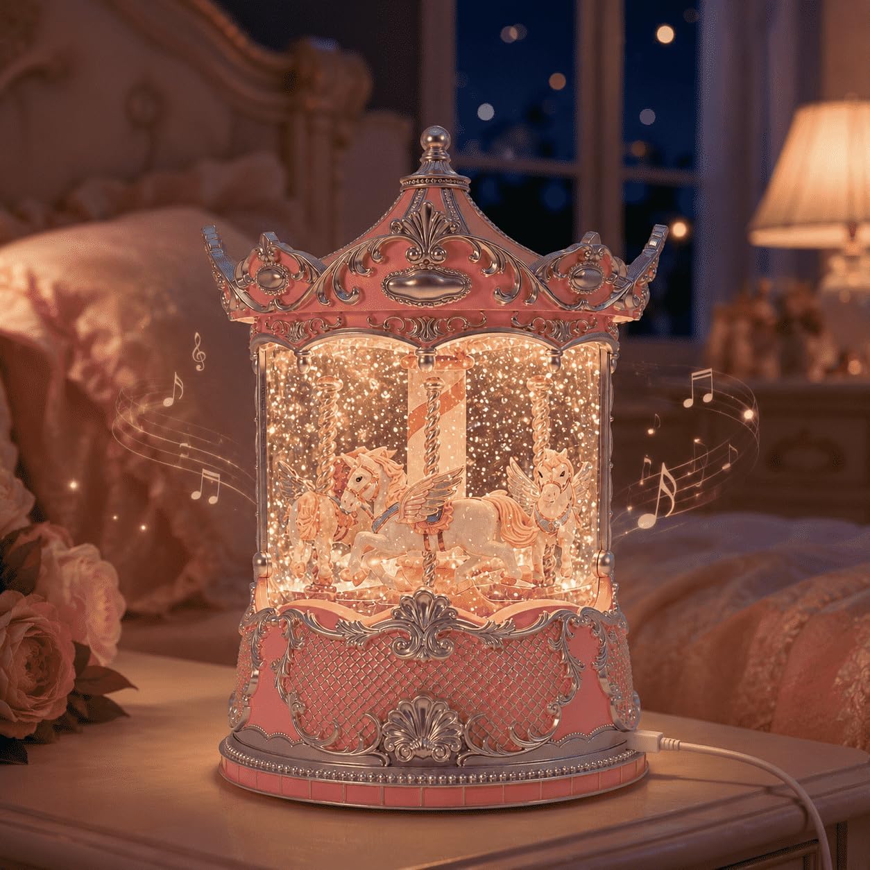 Pink Carousel Horse Snow Globe Music Box with Rotating Horses, Lighted Musical Carousel with 10 Melodies, Glitter, 6 Hours Timer, Gifts for Mom Women Girls Daughter Birthday Christmas Decor
