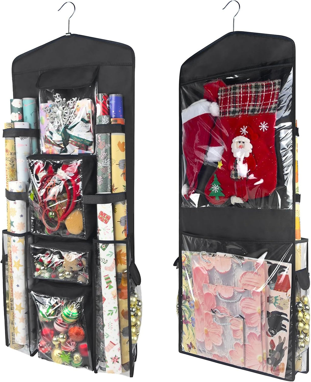 Wrapping Paper Organizer, Double-Sided Hanging, Over Door Gift Wrap Storage with Multiple Pockets, Side Pockets, Elastic Straps, Organize Ribbons, Bows, Tools, Space-Saving Closet,Cabinet Design,Black