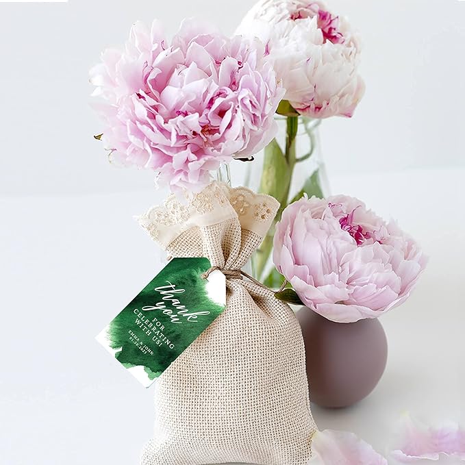 Andaz Press 100-Pack Personalized Thank You for Celebrating with Us Wedding Favor Tags with Bakers Twine Emerald Green Watercolor Custom Cardstock Wedding Gift Tags for Party Favors 2 x 3.75-Inches