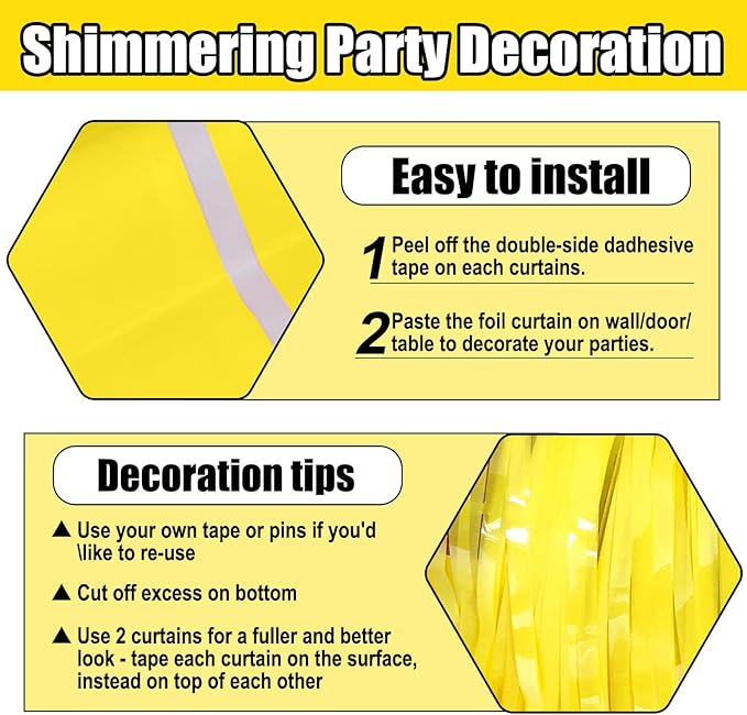 6 Pack Yellow Foil Fringe Curtain Backdrop, 3.28Ft x 8.2Ft Metallic Tinsel Foil Fringe Streamer Curtains for Photo Booth, Birthday, Wedding, New Year Party Decorations