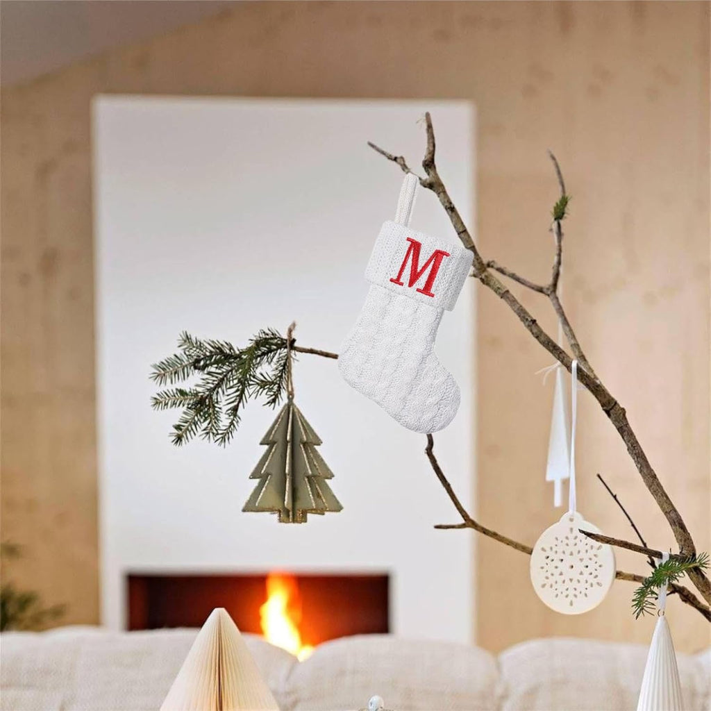 Mini White Knit Stocking,8.5 Inches Initial Monogram EmbroideWhite Christmas Stocking,Family Fireplace Hanging Ornament Xmas Holiday Decor Gift-Letter M