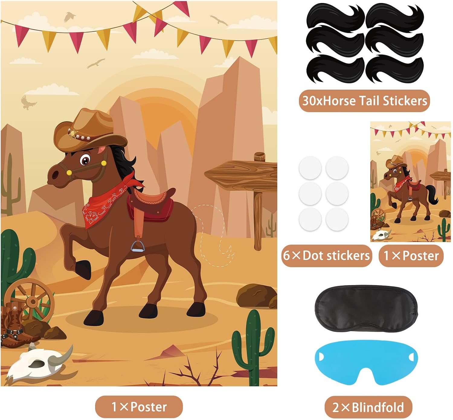 Hxezoc Pin The Tail On The Horse Game with 30 Pcs Tails Large Western Cowboy Horse Games Poster for Kids Cowboy Party Favor Western Birthday Party Carnival Party Supplies