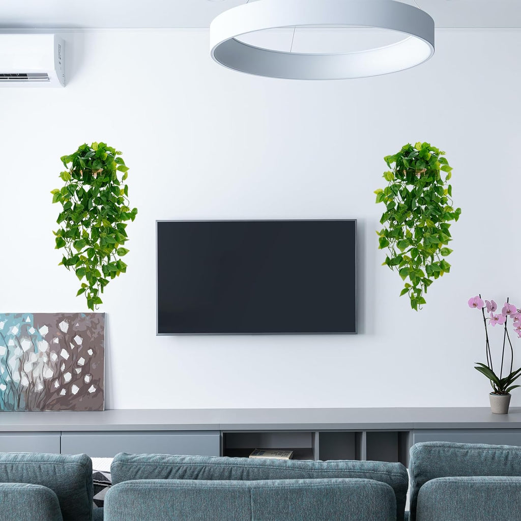 BLEUM CADE Fake Hanging Plants, 2pcs Artificial Pothos Vines Faux Plants Greenery for Wall Home Living Room Office Indoor Outdoor Decor (No Baskets)