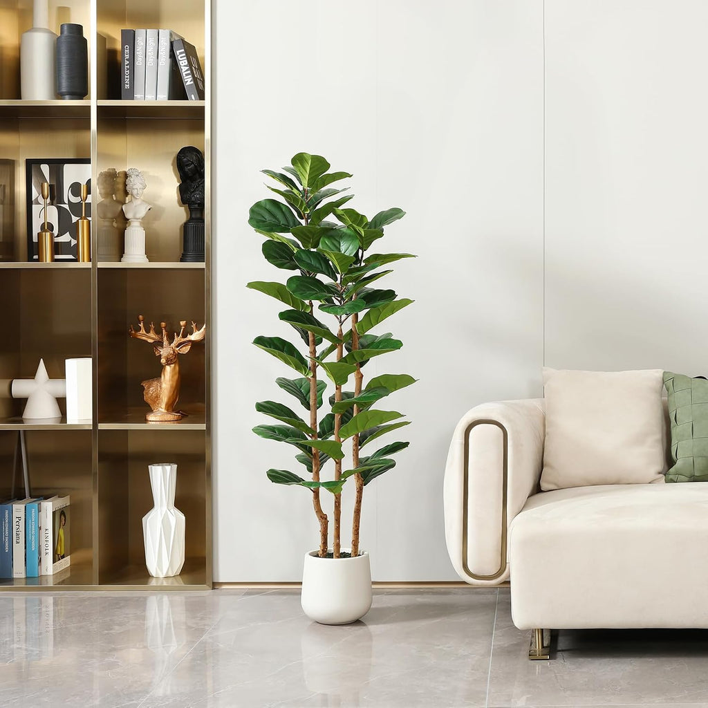 artificial fiddle leaf fig tree with white planter shown in use