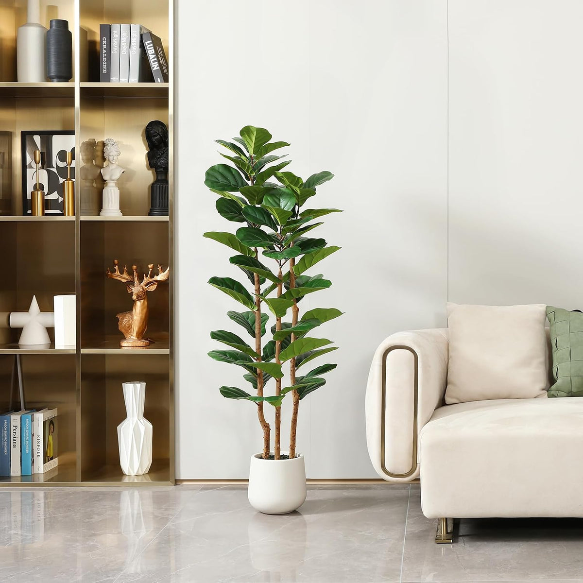 artificial fiddle leaf fig tree with white planter shown in use