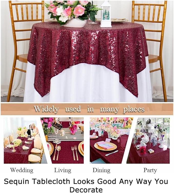 ShinyBeauty Sequin Tablecloth Burgundy Sequin Table Overlay Glitter Table Cover for Dinning Table Sequin Table Linen for Party Event Decoration Square Tablecloth 54x54 Maroon Birthday Tablecloth