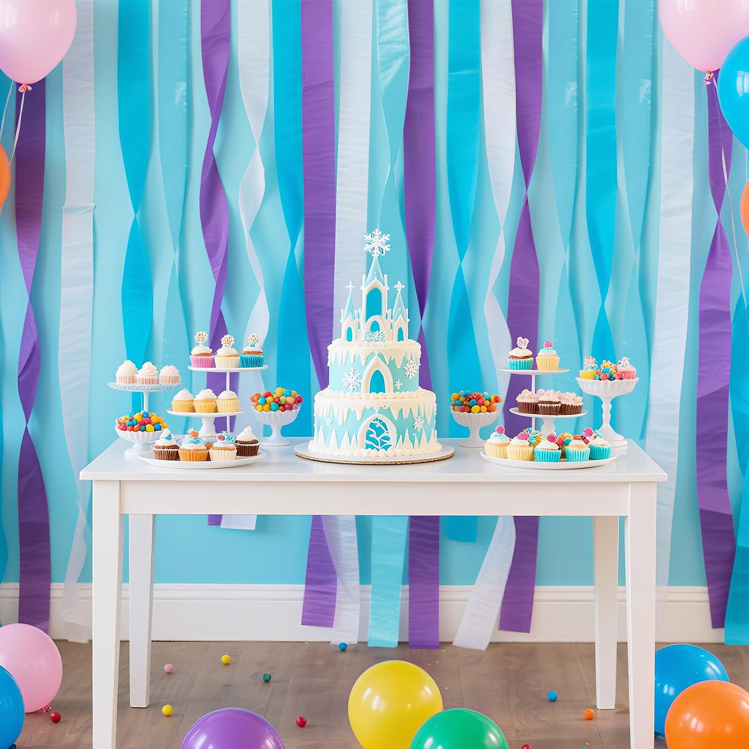 Frozen Birthday Party Decorations, 8 Rolls Purple Blue White Crepe Paper Streamers for Winter Princess Christmas Holidays Party Decoration
