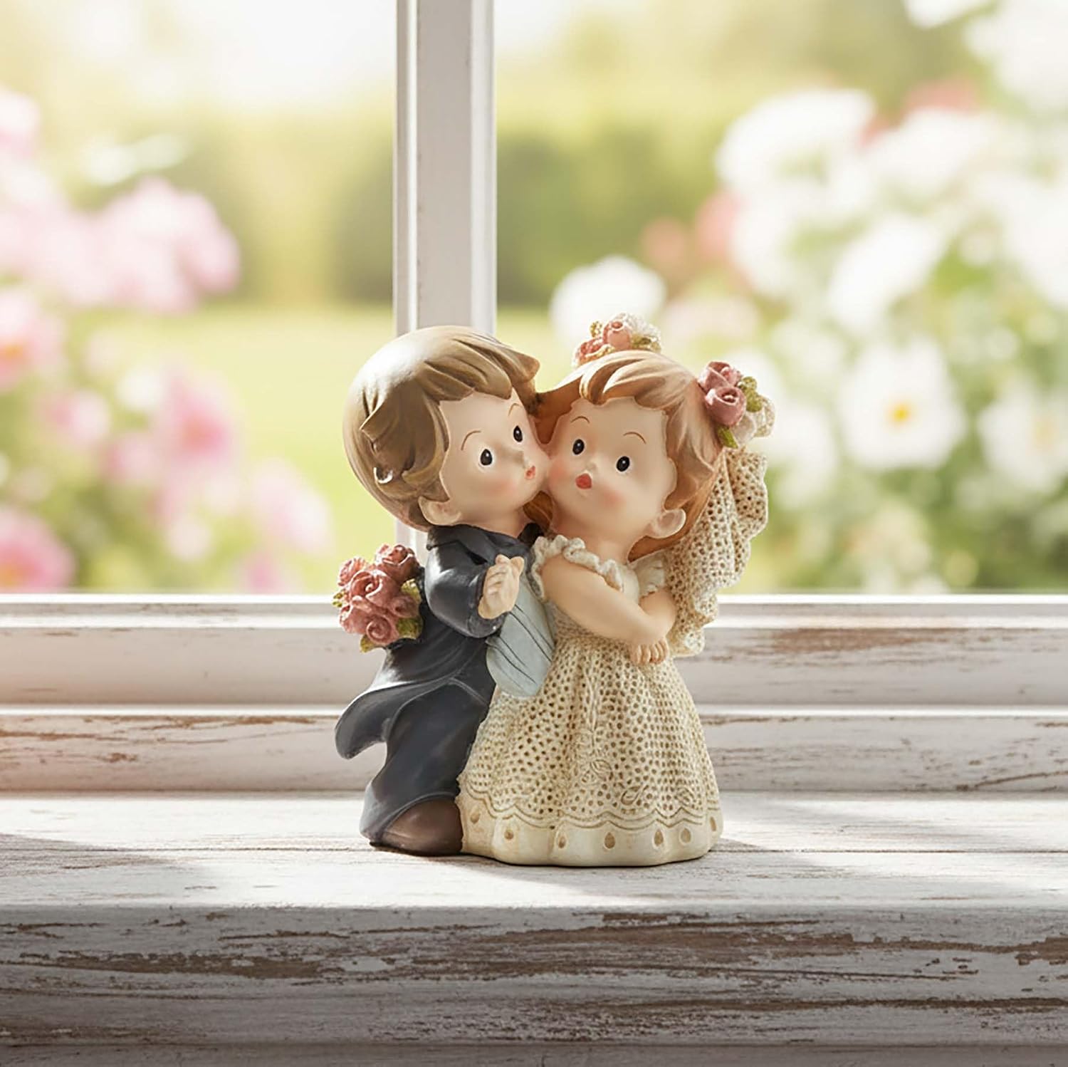 Bride and Groom Figurine, Romantic Wedding Couple Statue, 3.15 Inch | Hand-painted resin wedding cake topper with floral details for reception tables, keepsake displays and romantic gifts