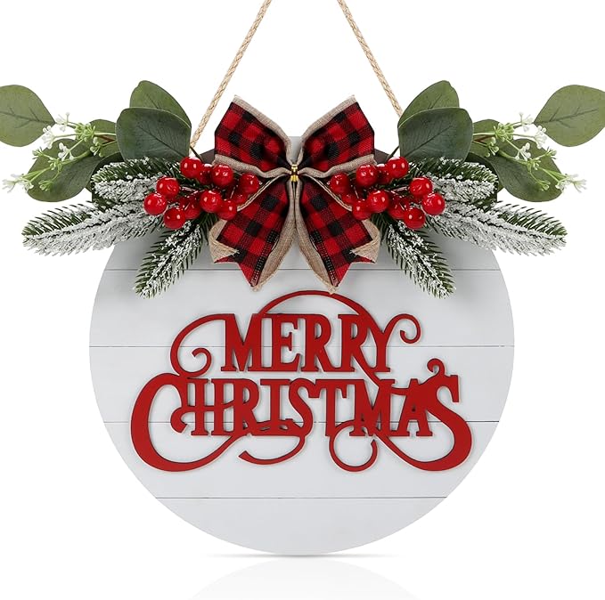 CHDITB Cute Merry Christmas Wooden Front Door Wreath(11.4”x11.4”), Farmhouse 3D Christmas Decor Hanging Sign with Red Plaid Bow Berries Mistletoe, Housewarming Gift for Xmas Winter Holiday New Year
