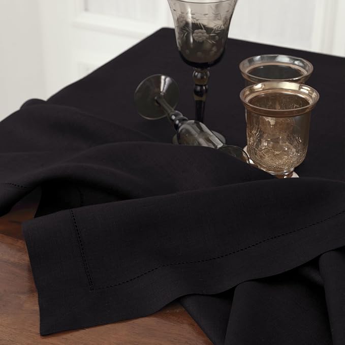 Solino Home Linen Tablecloth 60 x 120 Inch - Classic Hemstitch 100% Pure Linen Black Table Cloth for Rectangle Tables - Machine Washable Tablecloth for Fall, Autumn, Halloween, Thanksgiving, Holiday