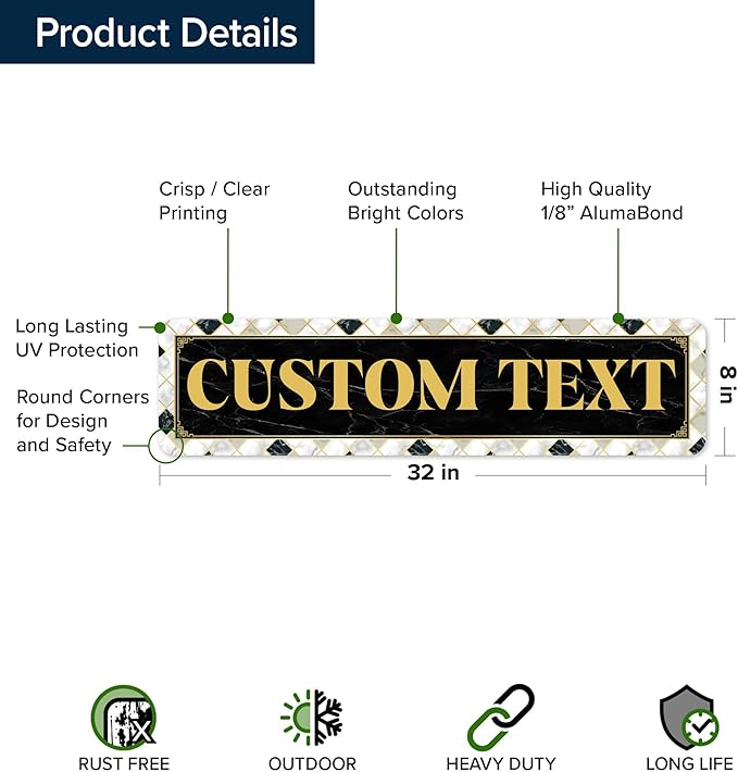 Custom Sign, Custom Street Sign, 11 Font Colors, 13 Font Styles, 4 Hole Options, 22 Sizes, 8x32 Inches, Rust Free DiBound, Fade Resistant, Made in USA by My Sign Center (Marble Tile)