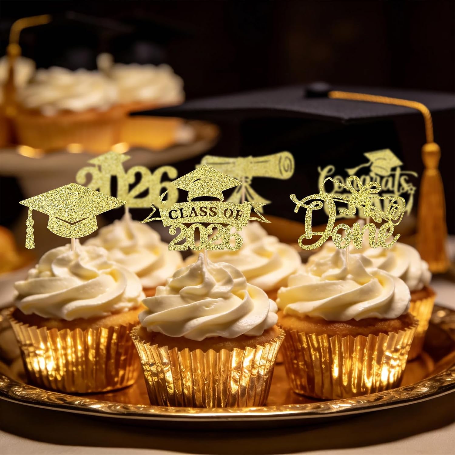 WILDREEDS 48Pcs 2026 Graduation Cupcake Toppers Class of 2026 Cupcake Picks Grad Cap Diploma Cake Decorations for 2026 Graduation Theme Party Cake Decorations Supplies-Gold