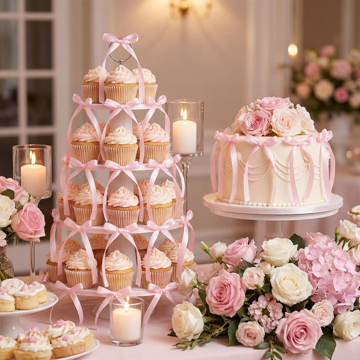 36 PCS Bow Cake Toppers Bow Cupcake Toppers, Light Pink Ribbon Bows for Cake Coquette Birthday Decor for Baby Shower, Bachelorette Events, Wedding Dessert Tables, Balloons and Walls