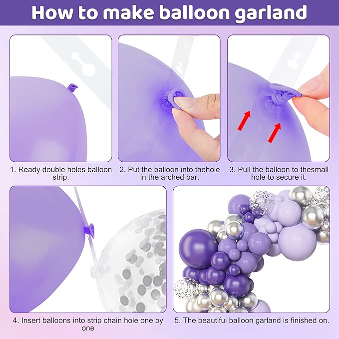 Amandir 153pcs Purple Balloon Garland Arch Kit, Different Sizes 18 12 10 5 inch Lavender Latex Metallic Confetti Silver Balloons for Girls Women Wedding Birthday Baby Shower Party Decorations Supplies