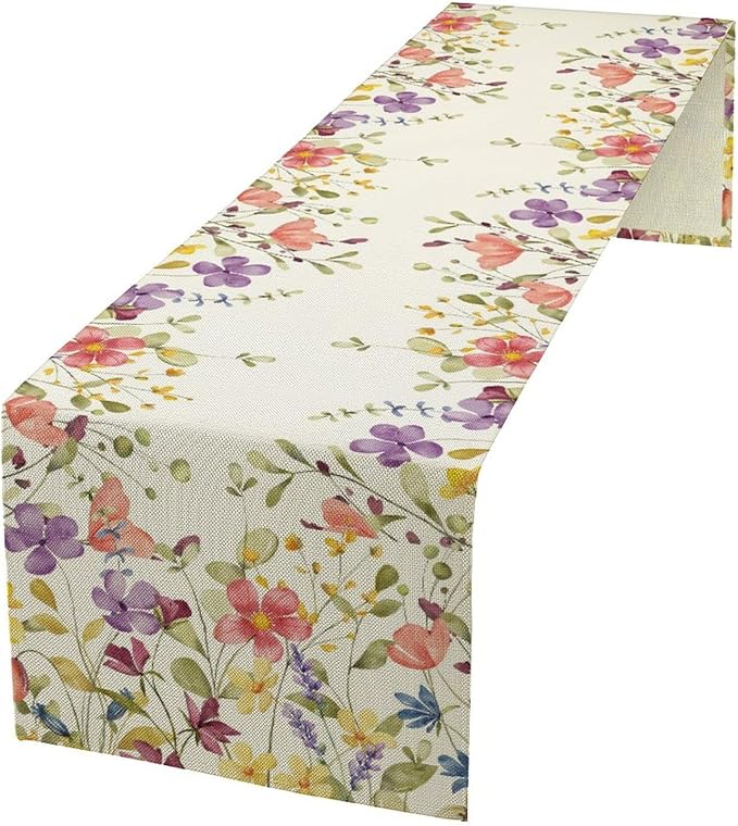 Floral Table Runner,Flowers Plant Print Spring Table Runner for Kitchen Dining Table Decoration for Home Party Decor 13x120 Inch