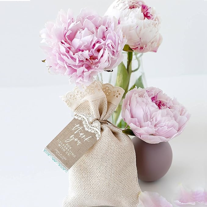 Andaz Press 100-Pack Personalized Thank You Tags with Bakers Twine Burlap Lace Custom Cardstock Wedding Gift Tags for Wedding Party Favors 2 x 3.75-Inches