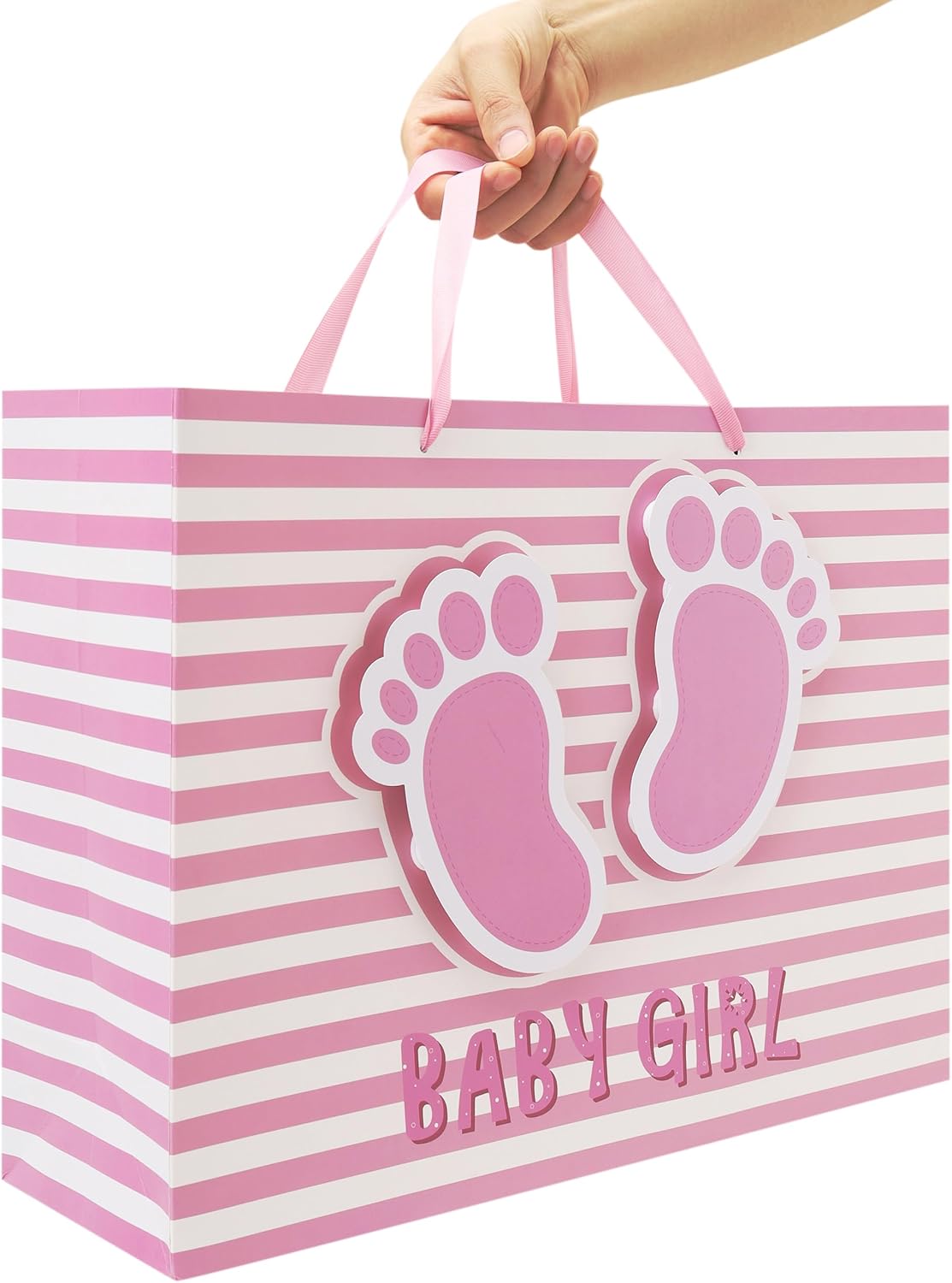 16.5'' Extra Large Baby Girl Gift Bag Set with Handles, Greeting Card, Pink Tissue Papers and Stickers for Girls Kids for Baby Shower, Girls' Birthday Party, Newborn, New Moms, Little One, 1st Baby, 3D Footprints Design, 1 Pcs